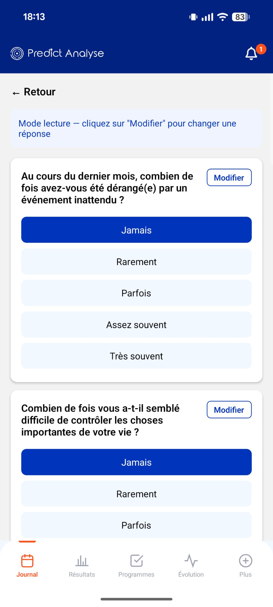 Écran de questionnaire de l'application, avec une question et cinq réponses possibles.